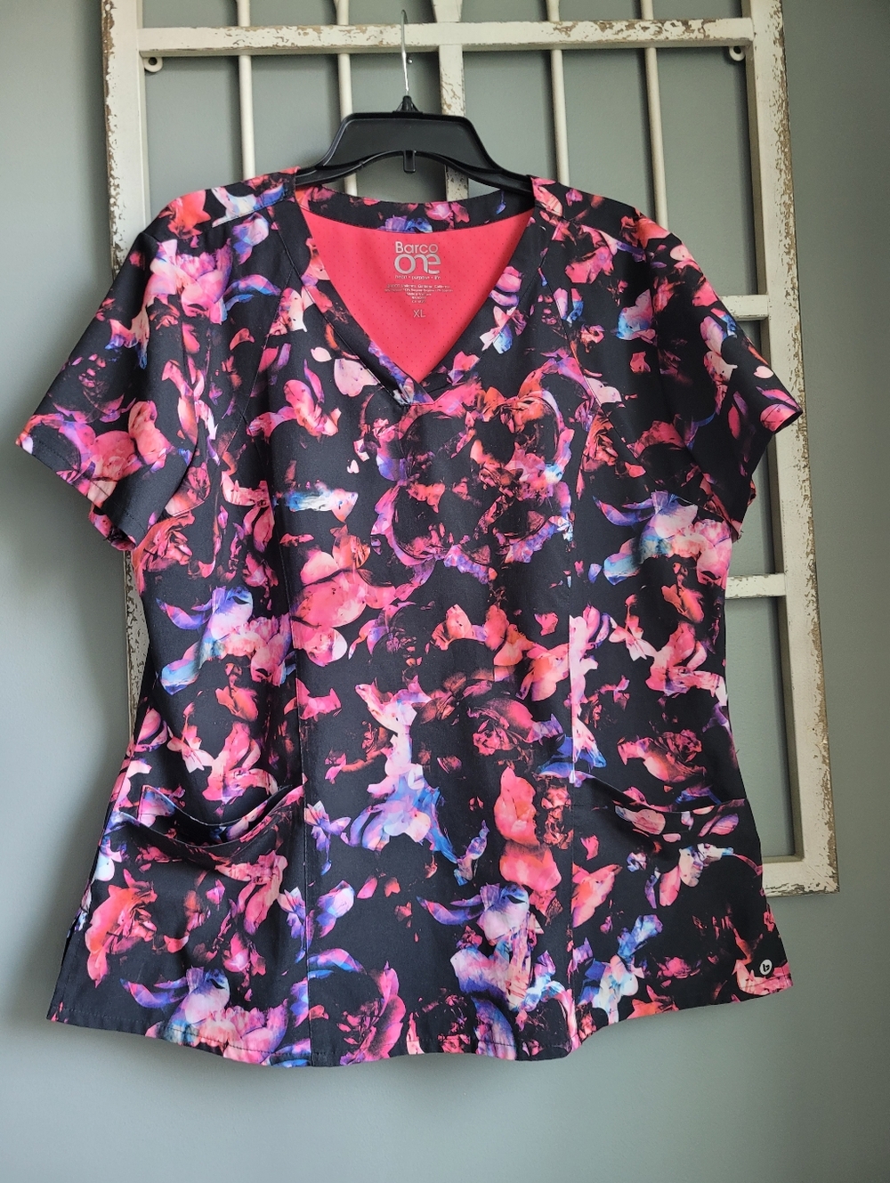 Barco Uniforms, Large, Black Scrub Top with Pink Floral Print